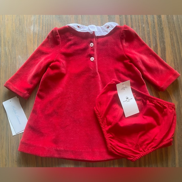 NWT Ralph Lauren Red Velour Embroidered Hand Smocked Dress & Bloomers Infant 3M - Picture 4 of 15